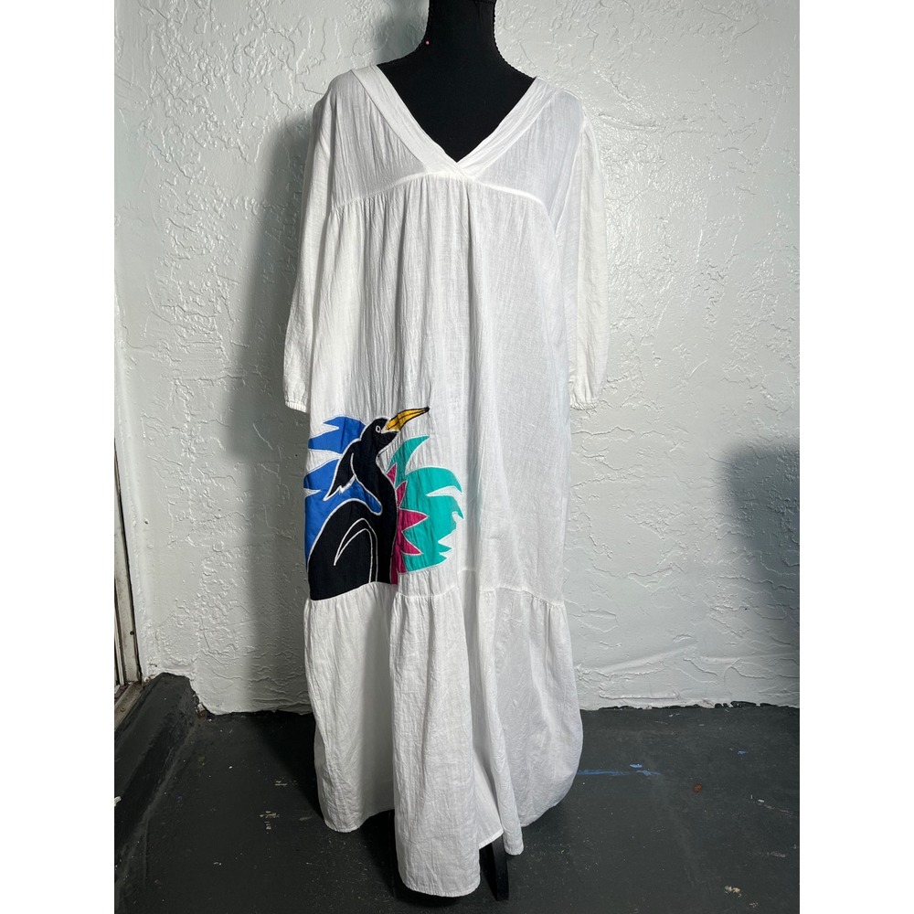 Vintage Appel USA White Cotton Midi Dress Tropical Bird Applique Boho M